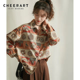 Vintage Shirt Long Sleeve Print Button Up Collar Retro Shirt Women Top And Blouse Loose Oversized