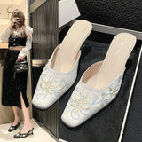 Spring And Autumn New Fashion Embroidery With Cool Slippers Small Square Head Suede With Temperament Half Drag Women's