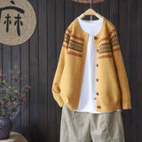 sleeves knitted cardigan jacquard sweater autumn winter new retro lazy style jacket