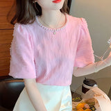 Elegant Beading Lace Blouse Puff Short Sleeve Women Korean Shirts O-neck Sweet Pleated New Casual Loose Tops Blusas