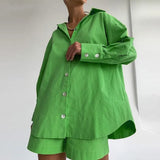 Women Linen Shorts 2 Piece Set Casual Oversize Shirts And Wide Leg Shorts Suits Loungewear Solid Summer Loose