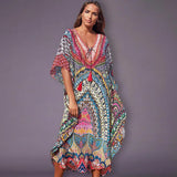 New Bohemian Printed V-Neck Half Sleeve Summer Beach Dress Green Cotton Tunic Women Beachwear Midi Dress Robe de plage