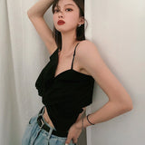 New Black Camisole Women French Design Beautiful Back Bow Cropped Tops Outwear Female