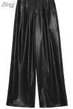 Spring Autumn Loose Casual Flowy Soft Black Brown Pu Leather Wide Leg Pants for Women High Waist Emo Korean Fashion