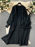 Autumn Solid Knitted Two Pieces Suits Loose Cardigan+V Neck Tank Bodycon Mini Slim Skirt Women Streetwear Sweater
