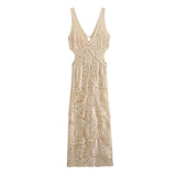 Beach Dress Female Knit Hollow Out V Collar Low Chest Slim Sexy Medium Long Dress