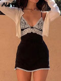 Y2K Vintage Deep V-neck Lace Trim Cami Dress E-girl Fashion Backless Spaghetti Strap A-line Party Dresses Black