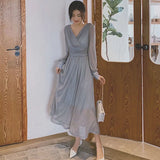 V Neck Long Maxi Dresses Women 2021 Solid High Waist Puff Sleeve Elegant Dress Sequin Party Dress Sexy Robe Femme