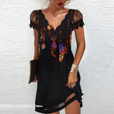 Elegant Dresses 2022 New Sexy V Neck Lace Sleeves Solid Black Short Dress Summer Ladies Short Sleeve Printed Party