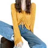 Zingj Out Thin Jacket Summer 2024 New Draw Rope V Collar Short Money Wearing Sunscreen Shirt Sweet Spicy Short Sleeve Knit Women-Outfit