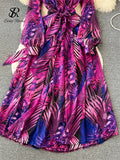 France Retro Chiffon Dress Floral Print V Neck Long Lantern Sleeves Bandage Bow Female Loose Autumn A Line Maxi