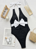 Zingj Bikini Bikini Black And White Contrast Color Bow Tie Band One-Piece Swimsuit