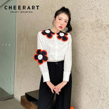 Designer Korean Fashion Button Up Shirt For Women Flower Patch White Long Sleeve Fashion Top Kawaii Cute Shirt