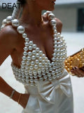 Fashion Women's Camis New Solid Color V-neck Sleeveless White Big Pearl Beading Sleeveles Tops Female Summer 2023