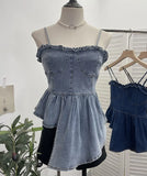 Real Shoot Hottie Vintage Cowboy Sling Vest Irregular Wood Ear Short-Term Waist Sleeveless Top