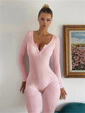 Long Sleeve Ribbed Buttoned Solid Jumpsuit-Outfit
