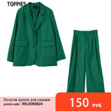 2021 New Women Two-piece Set Green Suit Set Office Lady Single Button Blazer high waist Long pants