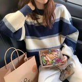 Zingj New Autumn Winter Add Thick Classic Stripe Spell Color Sweater Female Loose Languid Lazy Wind Outside Wear Knit Jacket Trend-Outfit