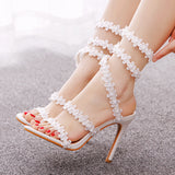 Mouth Tied High Heel Sandals White Flowers Sandals Women's Banquet Wedding Dress Bridal Shoes Princess