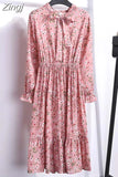 Floral Print Women Dress Female Autumn Long Sleeve Vintage Chiffon Bow Tie Neck Office Lady Shirt Dress Summer