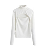 2021 Spring Hollow Out T-shirts Woman Slim Knitted Turtleneck Tops Tee Long Sleeve Sexy Ladies
