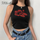 2021 Green Print Casual Crop Top Women Sleeveless Summer Blue T Shirts Off Shoulder Sexy Tank Tops Vintage