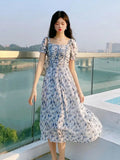 Floral Print Dress Women Summer Elegant Party Midi Dress Casual Puff Sleeve Holiday Lady Dedigner Chic Korean Dress