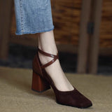 Zingj And Autumn New High Heels Female Suede Retro Square Head Thick With Cross Buckle Belt Korean Version Of Shallow Mouth Mary Jane Single Shoes Female-Outfit