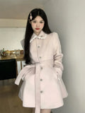 Hot Girl Pink Medium Length Woolen Coat for Women's Autumn and Winter Slim Fit Lace-up Woolen Coat Fashion Female