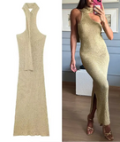Beige Draped Halter Neck Knit Midi Dress- Outfit