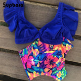 Ruffled Hem Bikini Set Women Flora V-Neck High-Waisted Two Piece Swimsuit 2023 Girl Beach Bathing Suit Swimwear