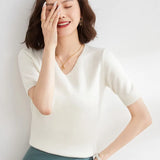 Zingj / Summer 2024 New Knit Short Sleeve Female V Collar Bottom Knit Sleeve Half Sleeve Sweater Loose Bottom Sweater-Outfit