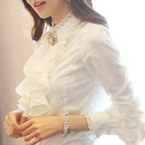 Autumn Women Ruffles Chiffon Bottom Shirt &amp; Blouse Feminine Bow Long Sleeve Stand OL Tops Femina