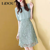 Chiffon Patchwork Fashion Chic Dress Short Sleeve Fake Two Piece Lace Dress Elegant Hollow Out Sweet Vestidos De