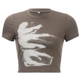 Y2K Grunge Aesthetics Grey Graphic Baby Tees Indie Streetwear Retro O-neck Short Sleeve Crop Tops Vintage T-shirts