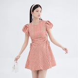 Red Plaid Dress Round Neck Hollow Out Dew Waist Puff Short Sleeve Casual Vintage High Waist Short Skirt Ladies