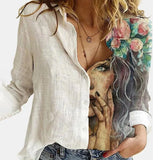 2021 Women Botton Vintage Polo-Neck Office Lady Spring Summer Loose Casual Cartoon Printing T-Shirt Long