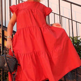 Oversized Patchwork Dress Women's Elegant O-Neck Ruffle Sleeve Midi Dresses Summer Female A Line Ruffled Sundress