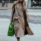 Winter Long Sleeve Jacket Outwear High Street Ladies Loose Pattern Printed Lapel Long Coat Office Fashion Women Woolen