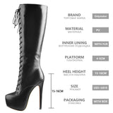 Onlymaker Women's Round Toe Stiletto Platform Zipper Knee High Boots16CM High Heel Pattern Lace Up Plus Size Boots For