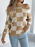 Shooting Autumn And Winter New Casual Shoulder Bump Color Lattice Lantern Long-Sleeved Sweater Women's