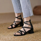 Back Zipper High Heel Sandals Women 2025 Summer New Word-Type Buckle With Retro Texture
