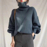 Vintage Thicken Striped Women Sweaters Autumn Winter Turtleneck Pullovers Jumpers Female Korean Knitted Tops femme