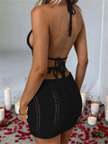 Women Halter Lace-up Short Mini Dress Sleeveless Off Shoulder Backless Hollow Out Knitted Beach Dress Female