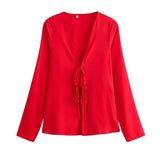 2025 New Women's Loose Bow Trim Silk Satin Texture Shirt Women