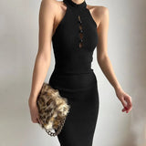 Women's Clothing 2022 Summer Off Shoulder Hollow Out Bodycon Mid-calf Office Dress Elegant Female Solid O-neck Vest Dresses