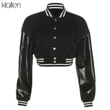 Fashion Casual Streetwear Women Long Sleeve Single Breasted PU Leather Patchwork Coat Sportswear Slim Female