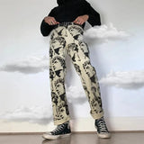 Spring Summer Vintage Portrait Printed Straight Denim Trousers Men Fashion Loose Jeans Casual Mens Denims Pants