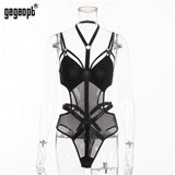 2022 Lace Bodysuit Women Body Bandage Patchwork Mesh Bodysuit Black Halter Sexy Bodysuit Club Jumpsuit