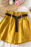 Women Casual High Waist Loose Cotton Short Pants 2023 Summer Elegant Sweet Girls All-Match Wide Leg Shorts With Belt